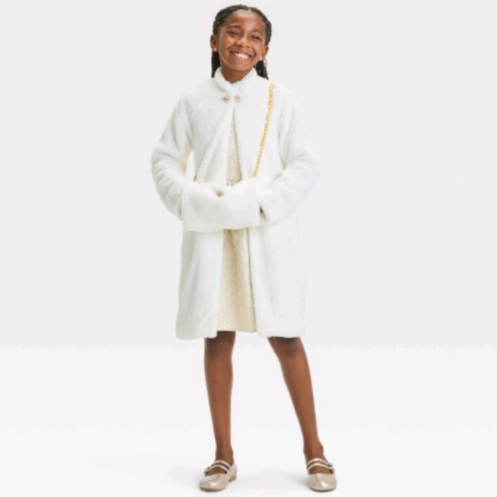 FAO Schwarz Girls' Fsux Fur Coat & Dress Set ~ Ivory